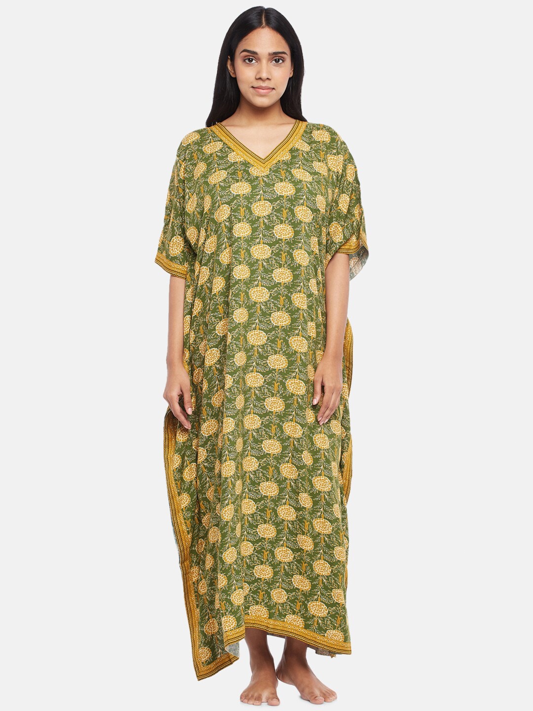 

RANGMANCH BY PANTALOONS Green Printed Maxi Nightdress