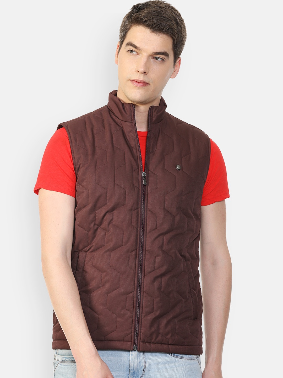 

Louis Philippe Men Maroon Geometric Crop Quilted Jacket