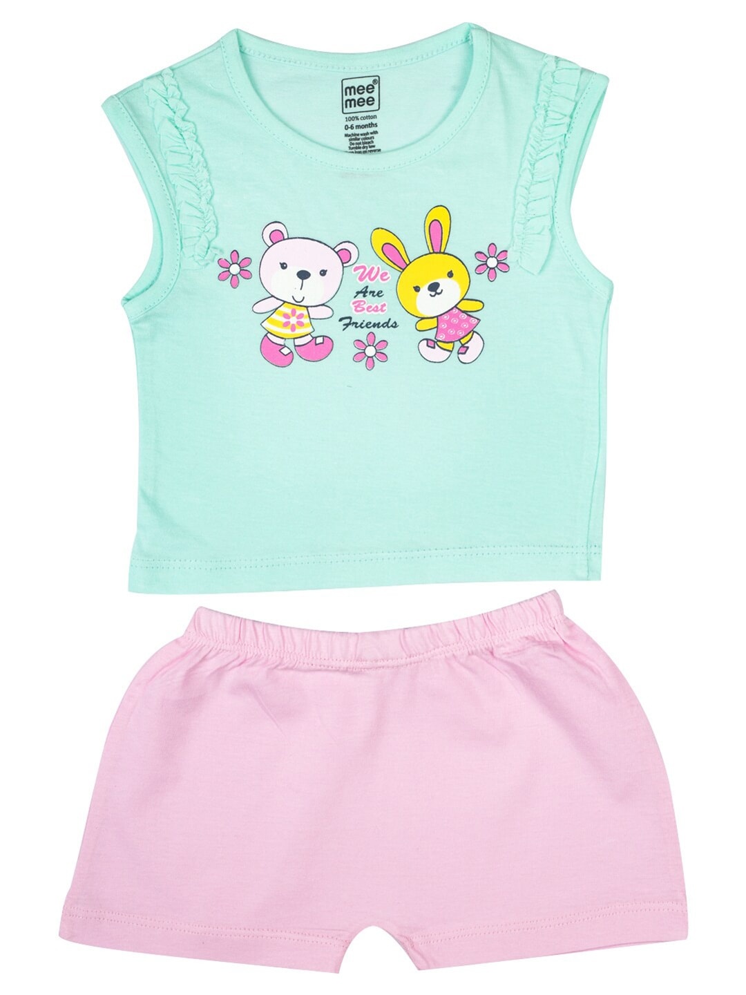 

MeeMee Girls Green & Pink Printed Top with Shorts