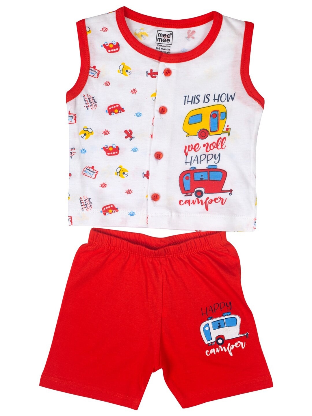 

MeeMee Boys Red & White Printed Pure Cotton T-shirt With Shorts