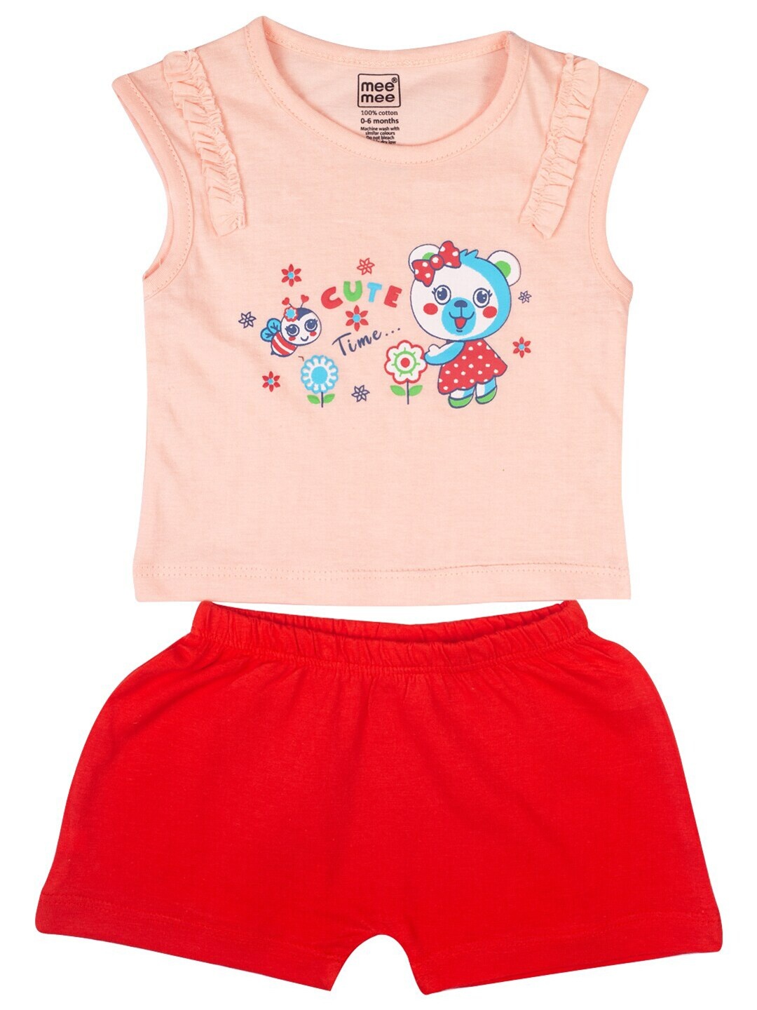 

MeeMee Girls Peach-Coloured & Red Printed Pure Cotton Top with Shorts