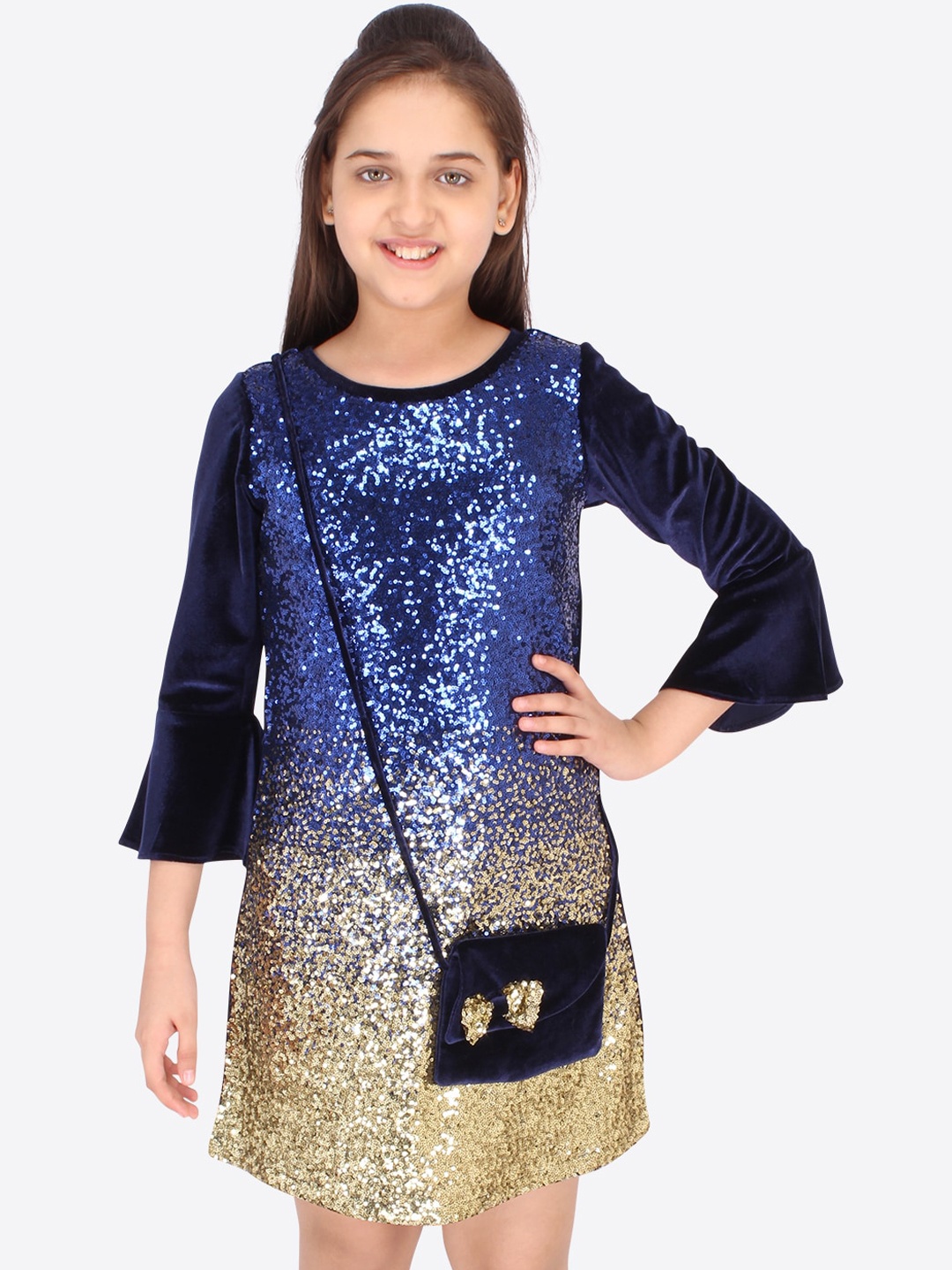 

CUTECUMBER Blue & Gold-Toned Embellished A-Line Dress