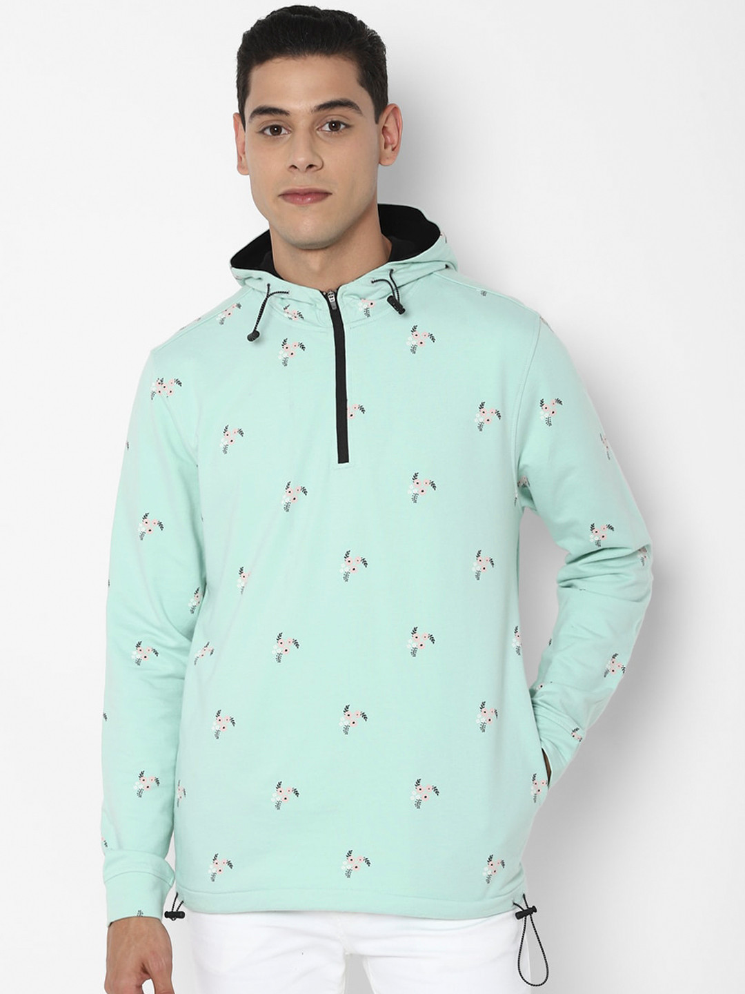 

Allen Solly Men Blue & Pink Printed Pure Cotton Hooded Sweatshirt