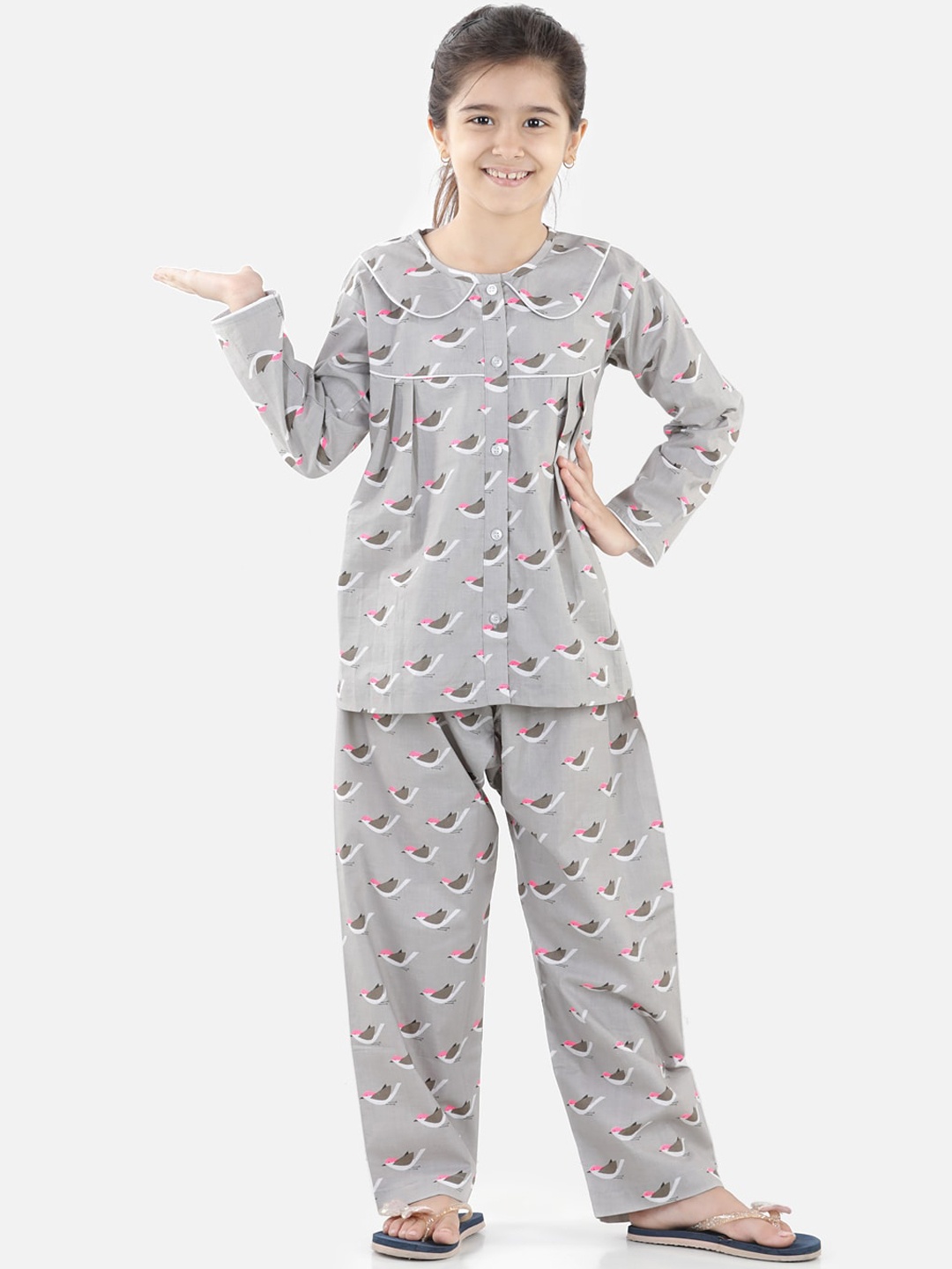 

BownBee Girls Grey & Pink Printed Pure Cotton Night suit