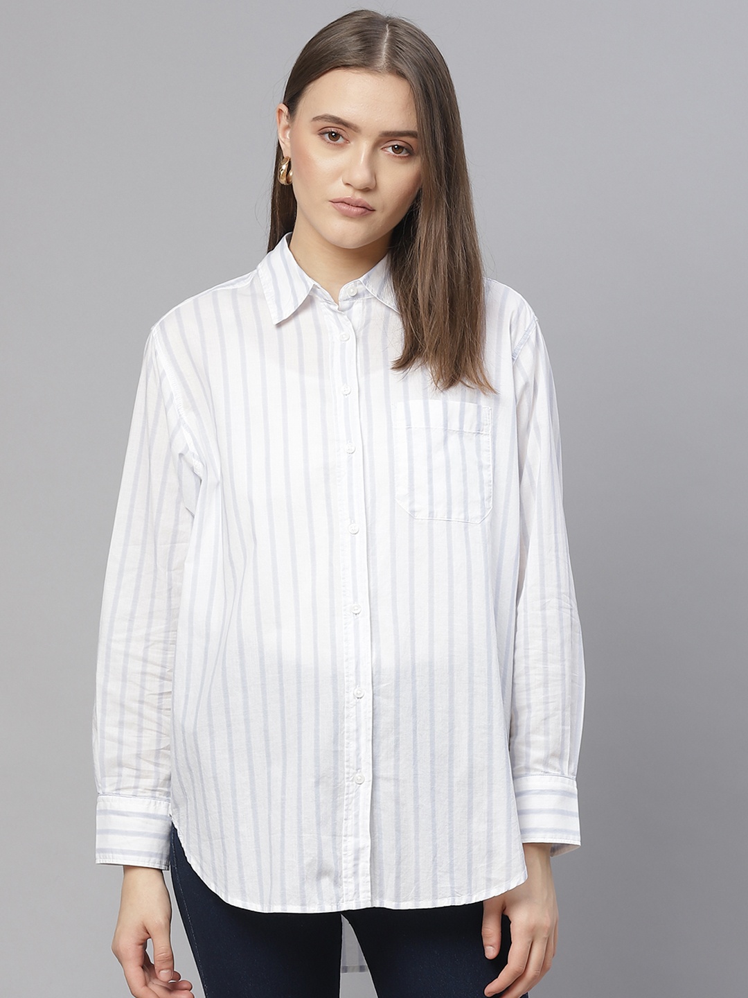 

Marks & Spencer Women Blue Striped Pure Cotton Shirt Style Top