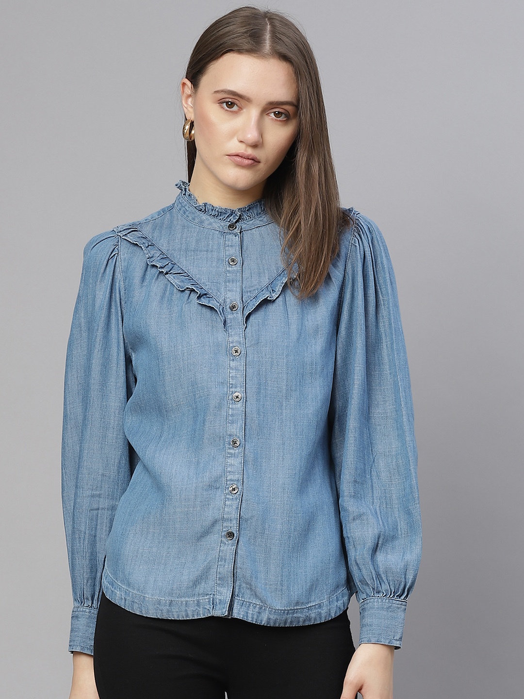 

Marks & Spencer Women Blue Ruffles Shirt Style Top