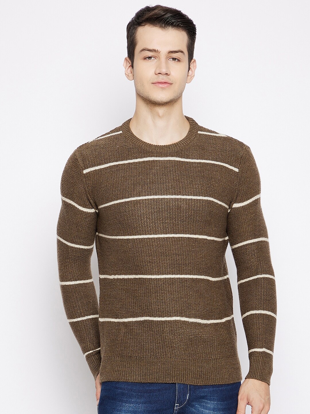 

Octave Men Brown & Off White Striped Acrylic Pullover Sweater