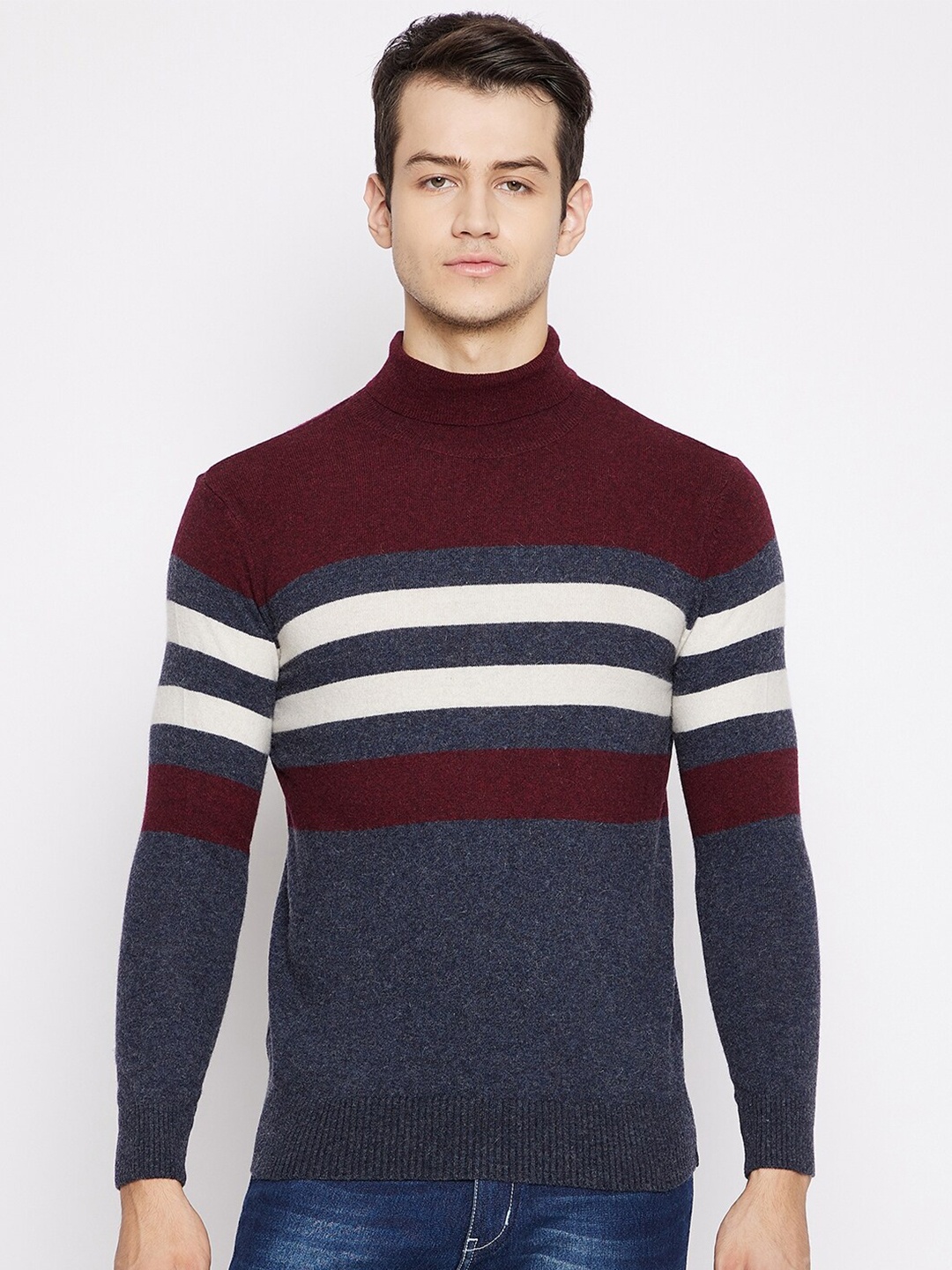 

Octave Men Maroon & White Striped lamb Wool Pullover