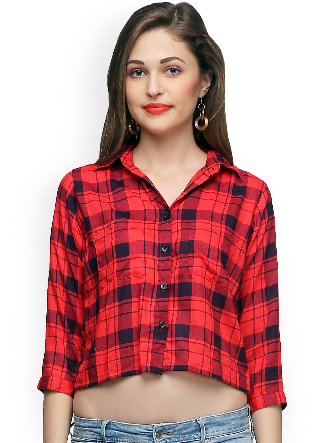 

Cation Women Red & Navy Regular Fit Checked Crop Shirt