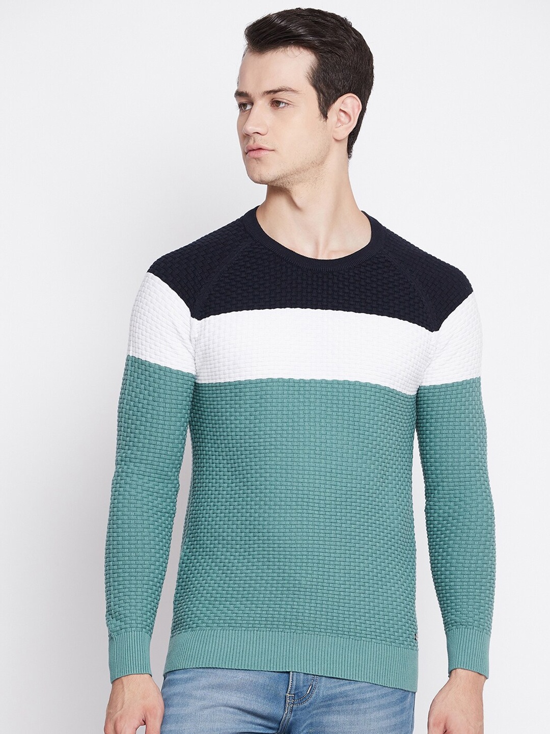 

Octave Men Green & White Colourblocked Cotton Pullover