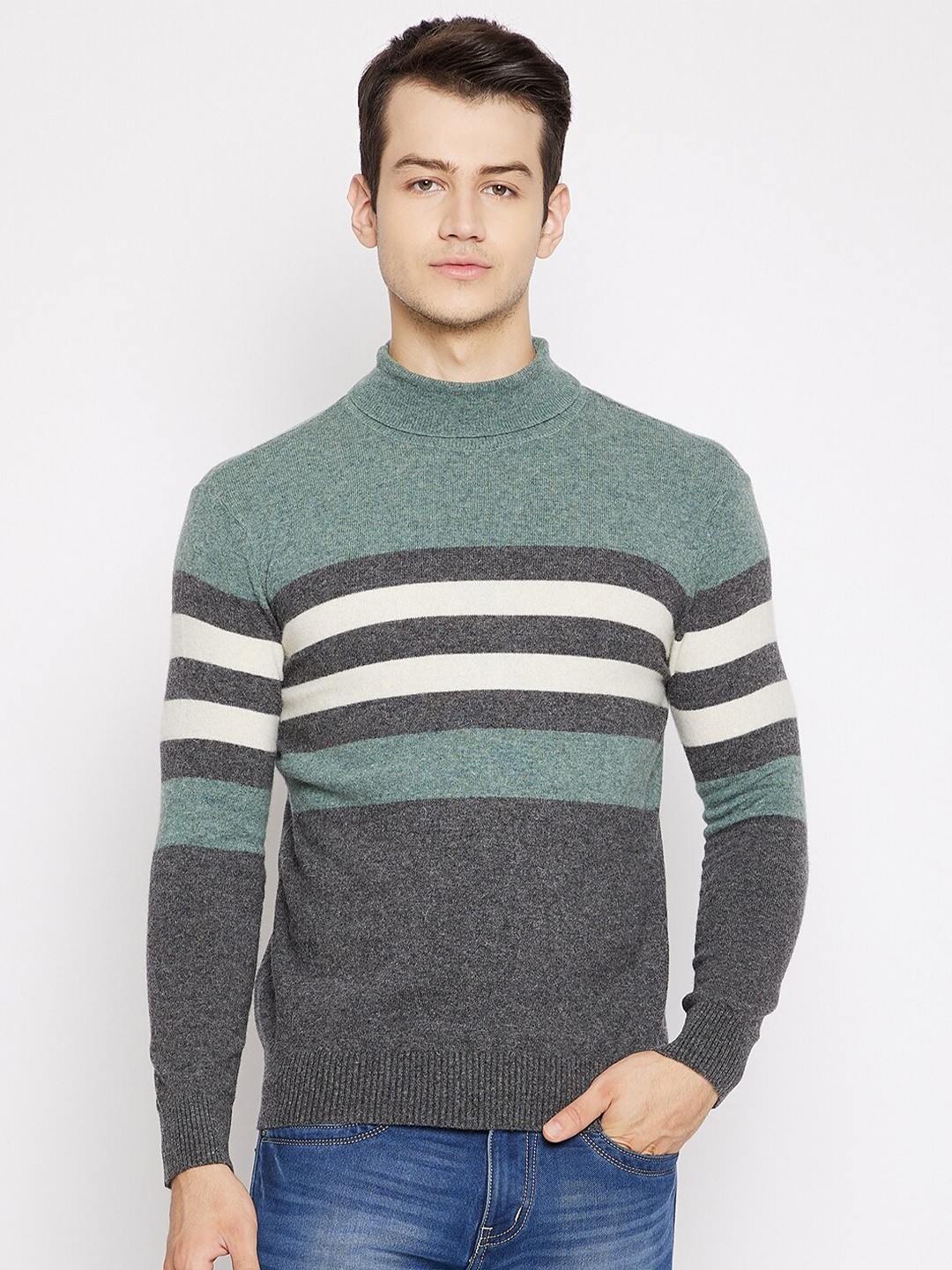 

Octave Men Green & Grey Striped Turtle Neck Lamb Wool Pullover Sweater