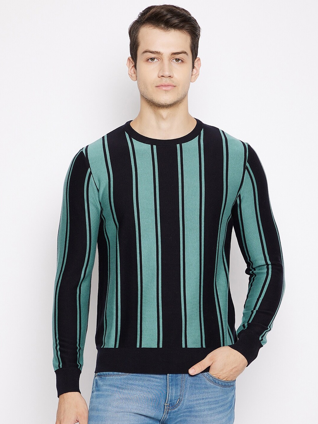 

Octave Men Green & Black Vertical Striped Pullover Sweater
