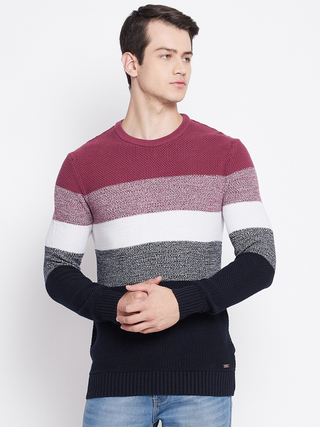 

Octave Men Navy Blue & Multicoloured Striped Cotton Pullover