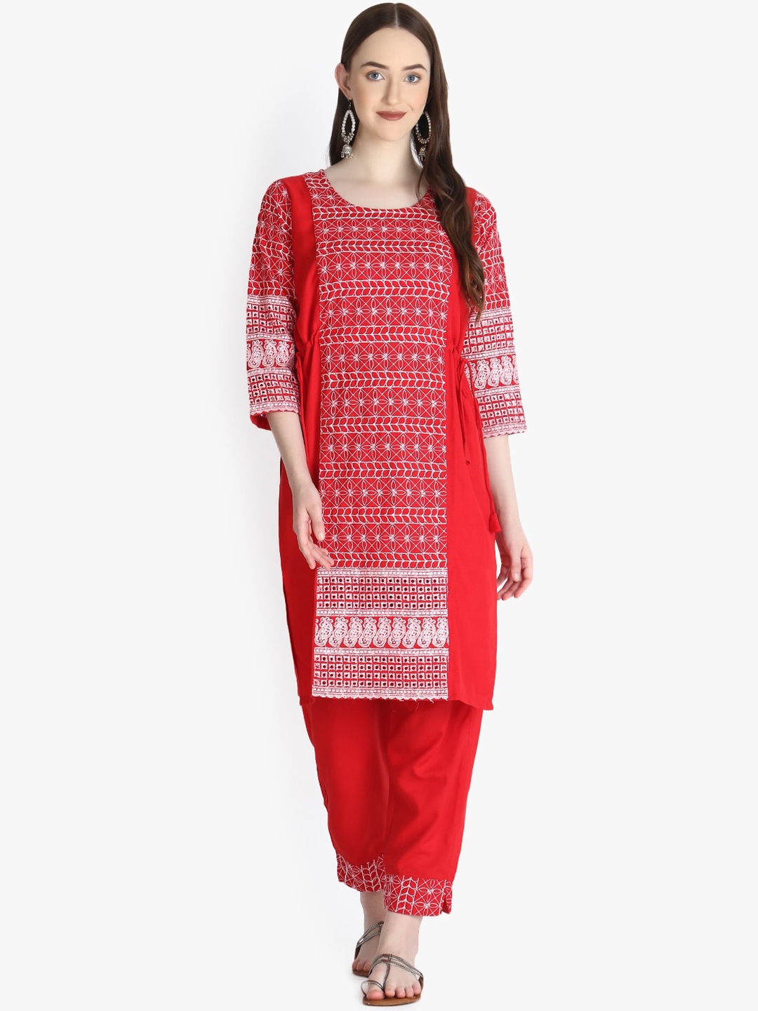 

OM SAI LATEST CREATION Women Red Ethnic Motifs Printed Mirror Work Kurta