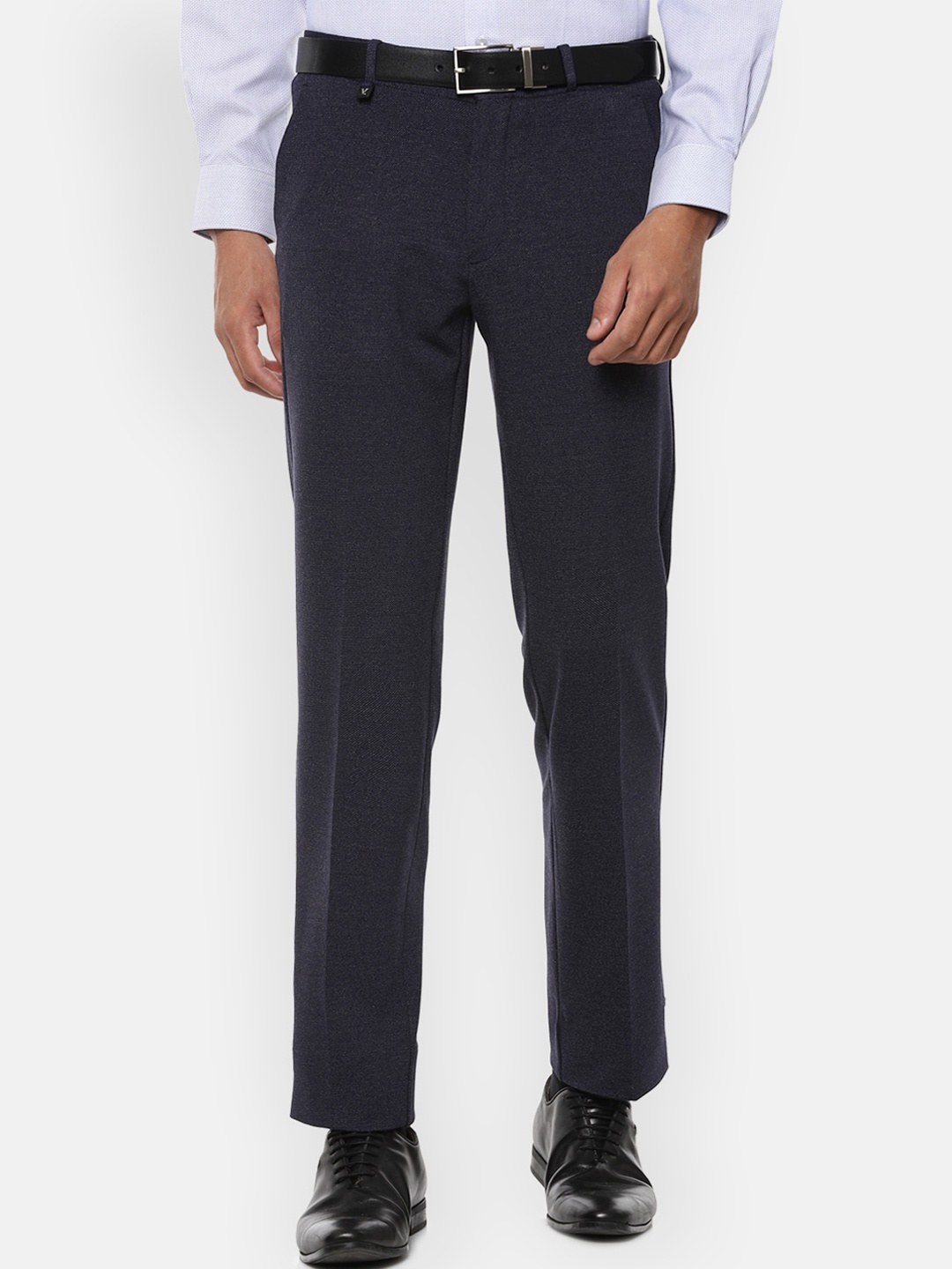 

V Dot Men Navy Blue Textured Slim Fit Formal Trousers