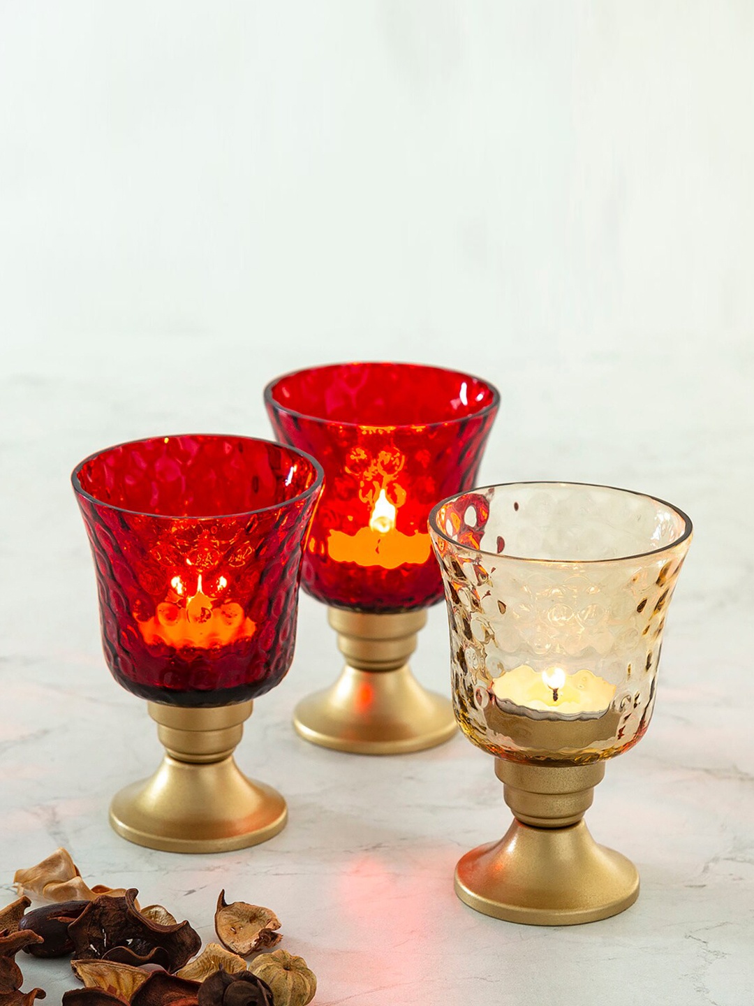 

Home Centre Set Of 3 Red & Gold-Toned Textured Candle Holders