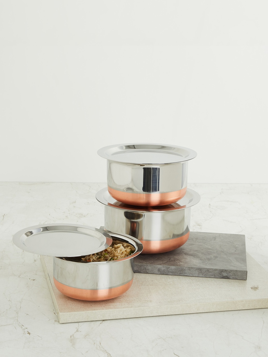 

Home Centre Set Of 3 Silver & Copper-Toned Stainless Steel Sauce Pans With Lid