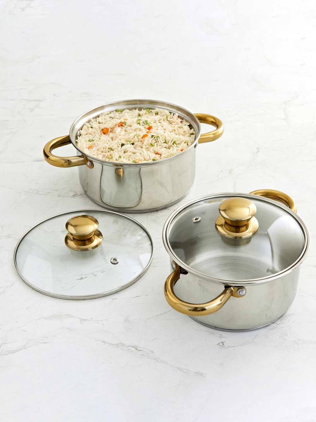 

Home Centre Set of 2 Silver Toned Shale Primo Stainless Steel Stew Pans With Lid