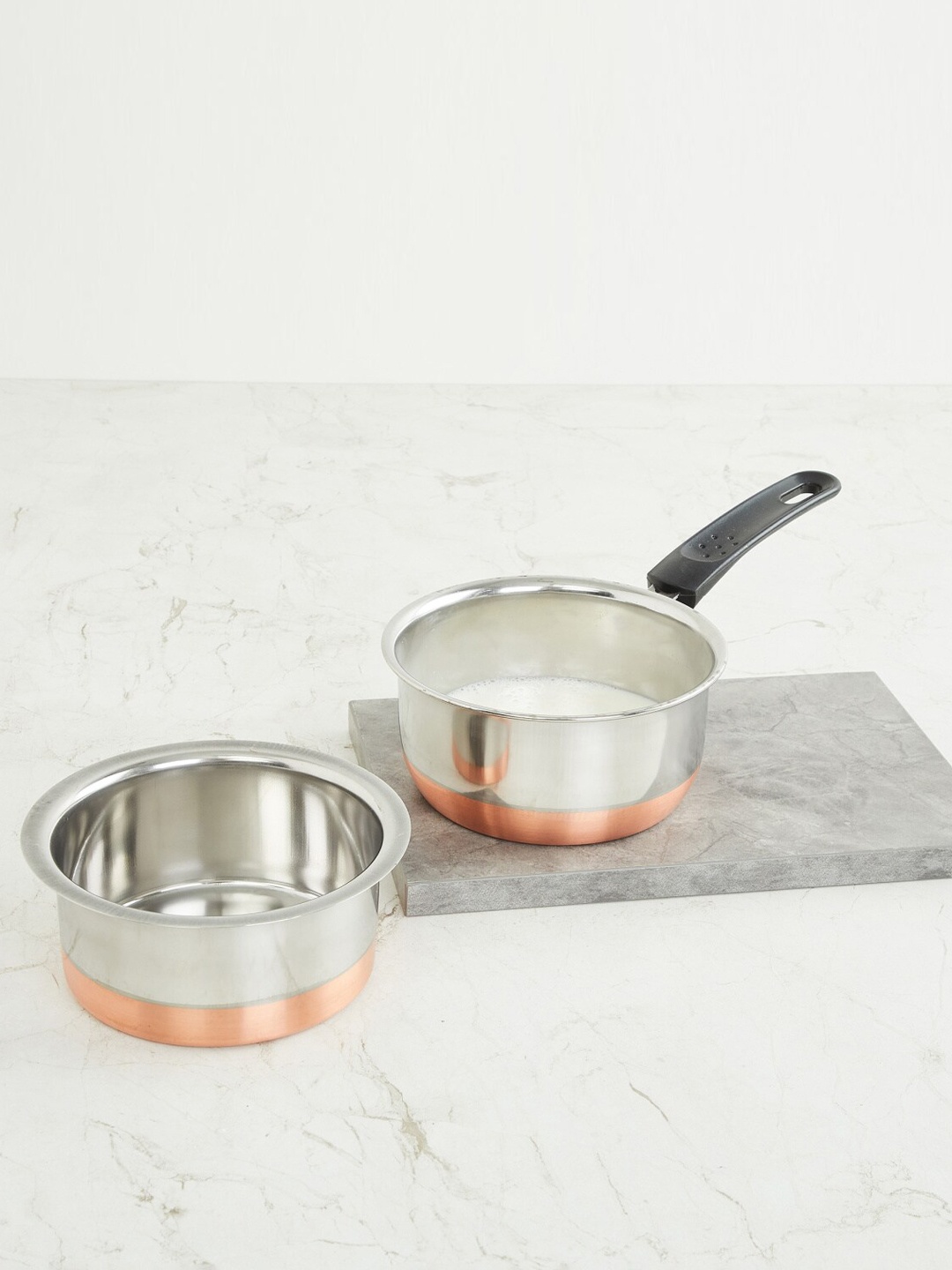 

Home Centre Set of 2 Silver Toned Stainless Steel Cookware- Milk Pan and Tope