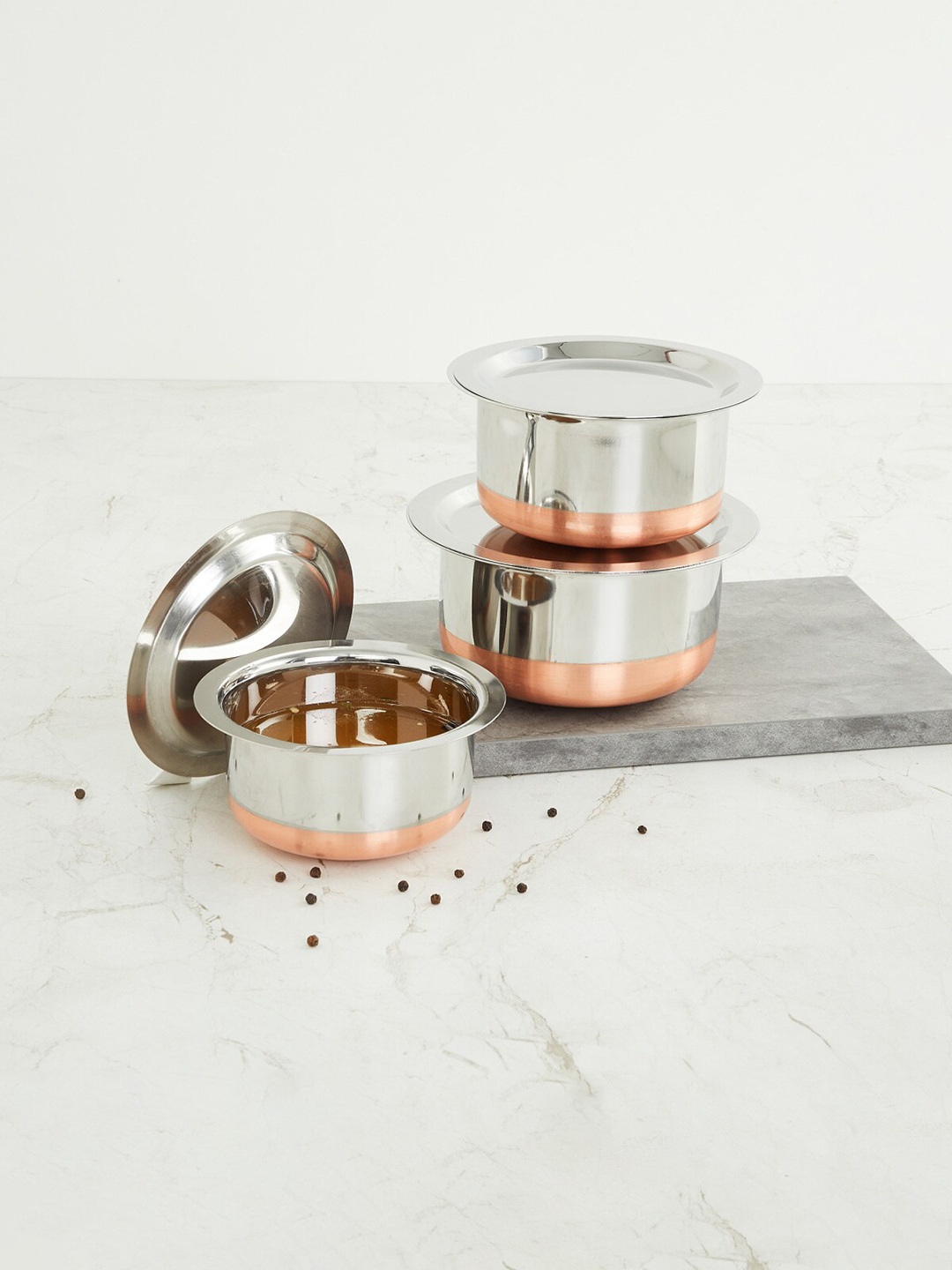 

Home Centre Corsica Silver Solid Stainless Steel Tope with Lid - Set Of 3