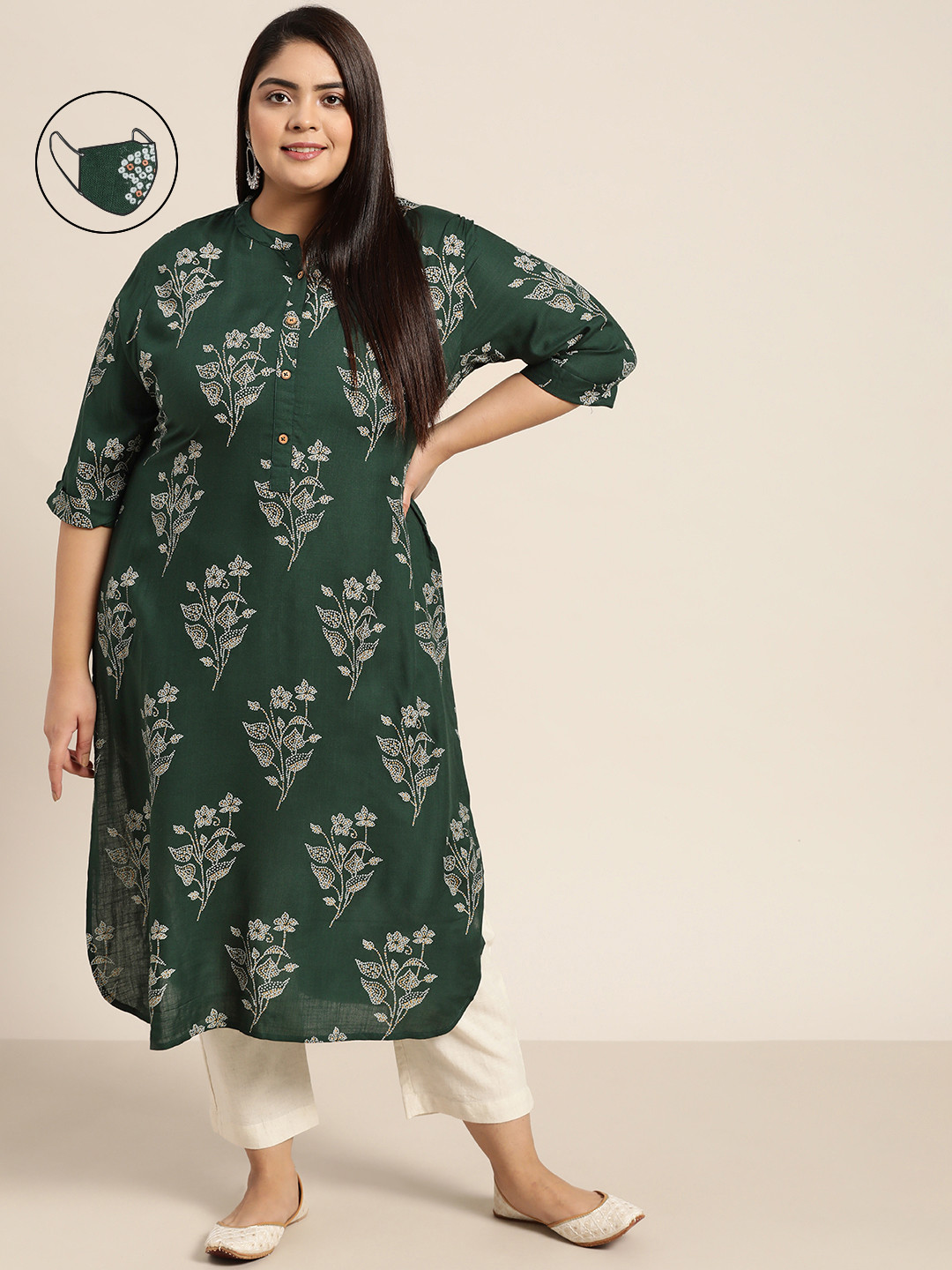 

Juniper Women Green & Off White Bandhani Printed Kurta