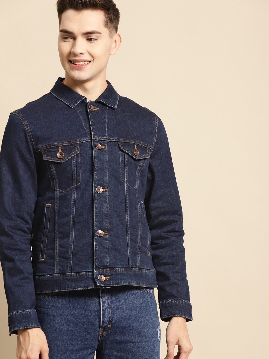 

United Colors of Benetton Men Navy Blue Solid Denim Jacket