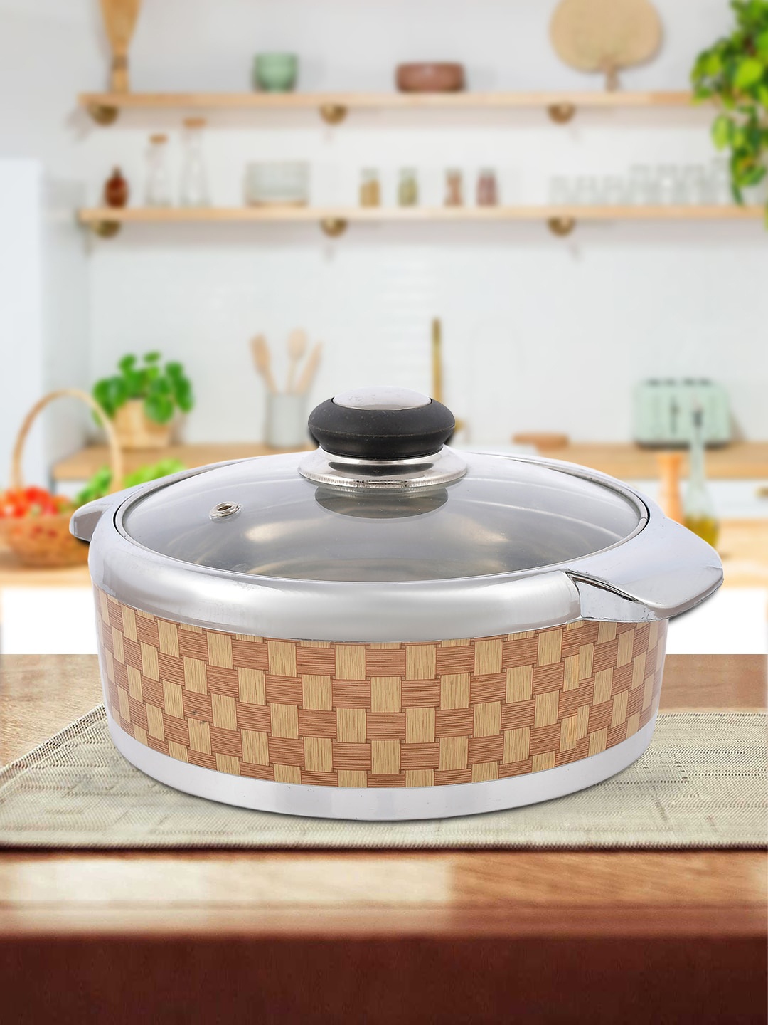 

Kuber Industries Brown Check Printed Inner Steel Casserole With Glass Lid, 1500ml