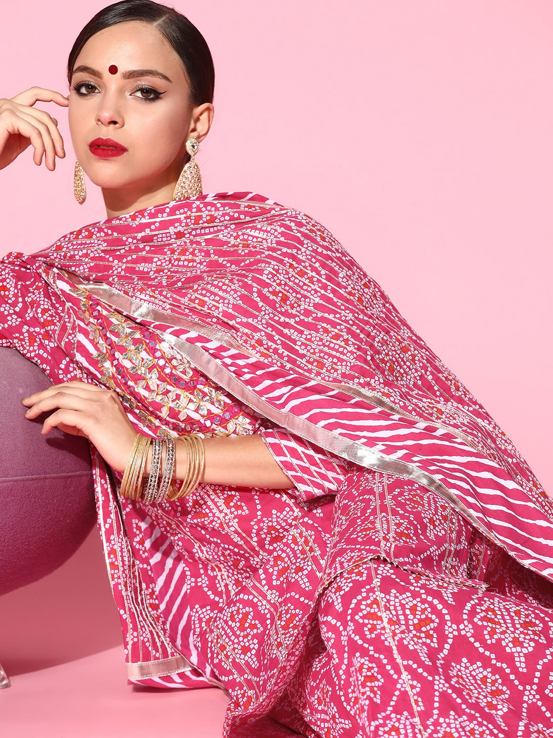 

Ishin Women Pink Bandhani Embroidered Regular Gotta Patti Pure Cotton Kurta with Sharara & With Dupatta