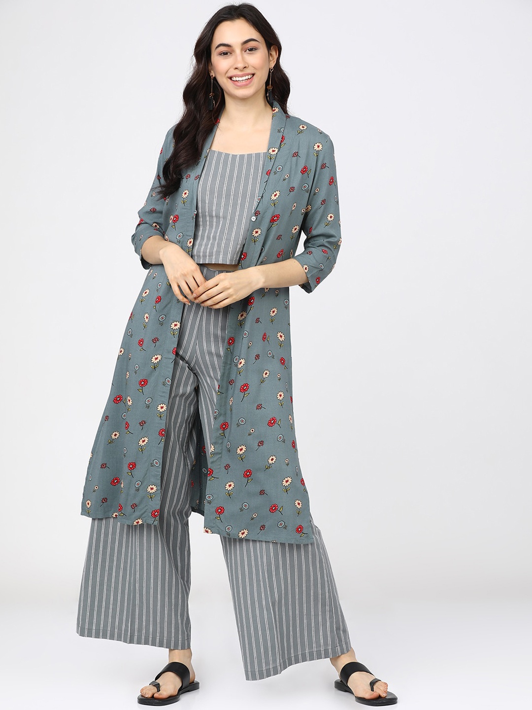 

Vishudh Women Grey Striped Layered Kurti with Trousers & with Jacket