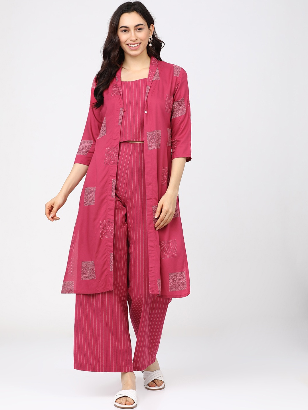 

Vishudh Women Pink Striped Layered Top with Palazzos & Jacket