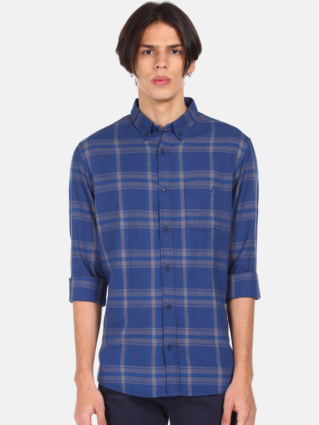 

Aeropostale Men Blue Windowpane Checks Opaque Checked Casual Shirt