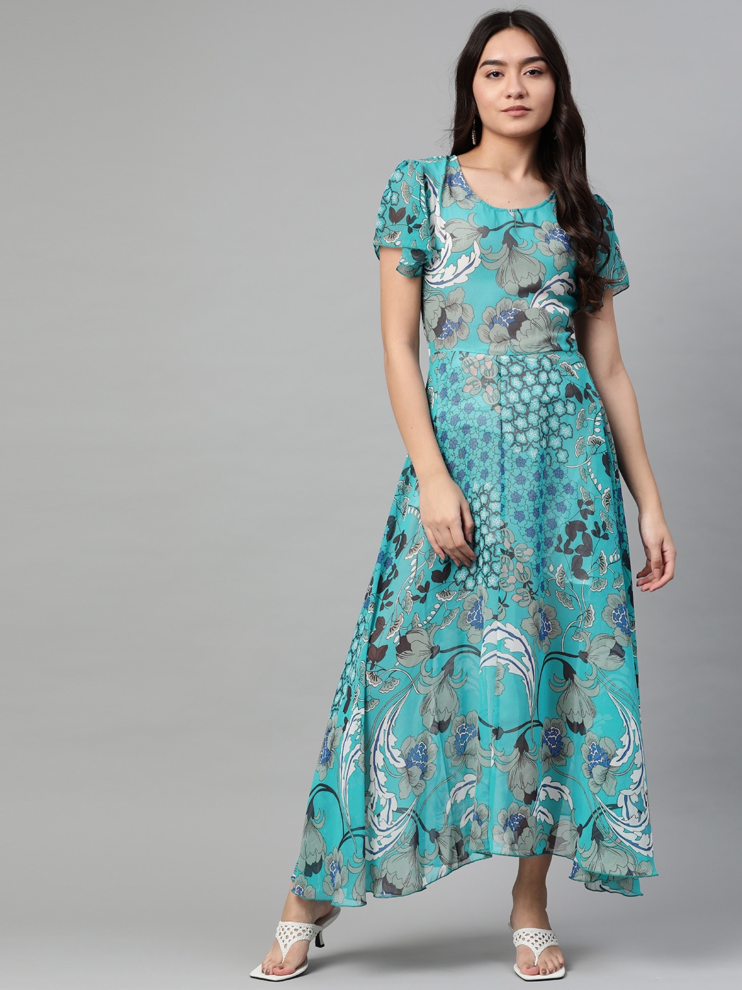 

I AM FOR YOU Women Blue & Grey Floral Georgette Maxi Dress
