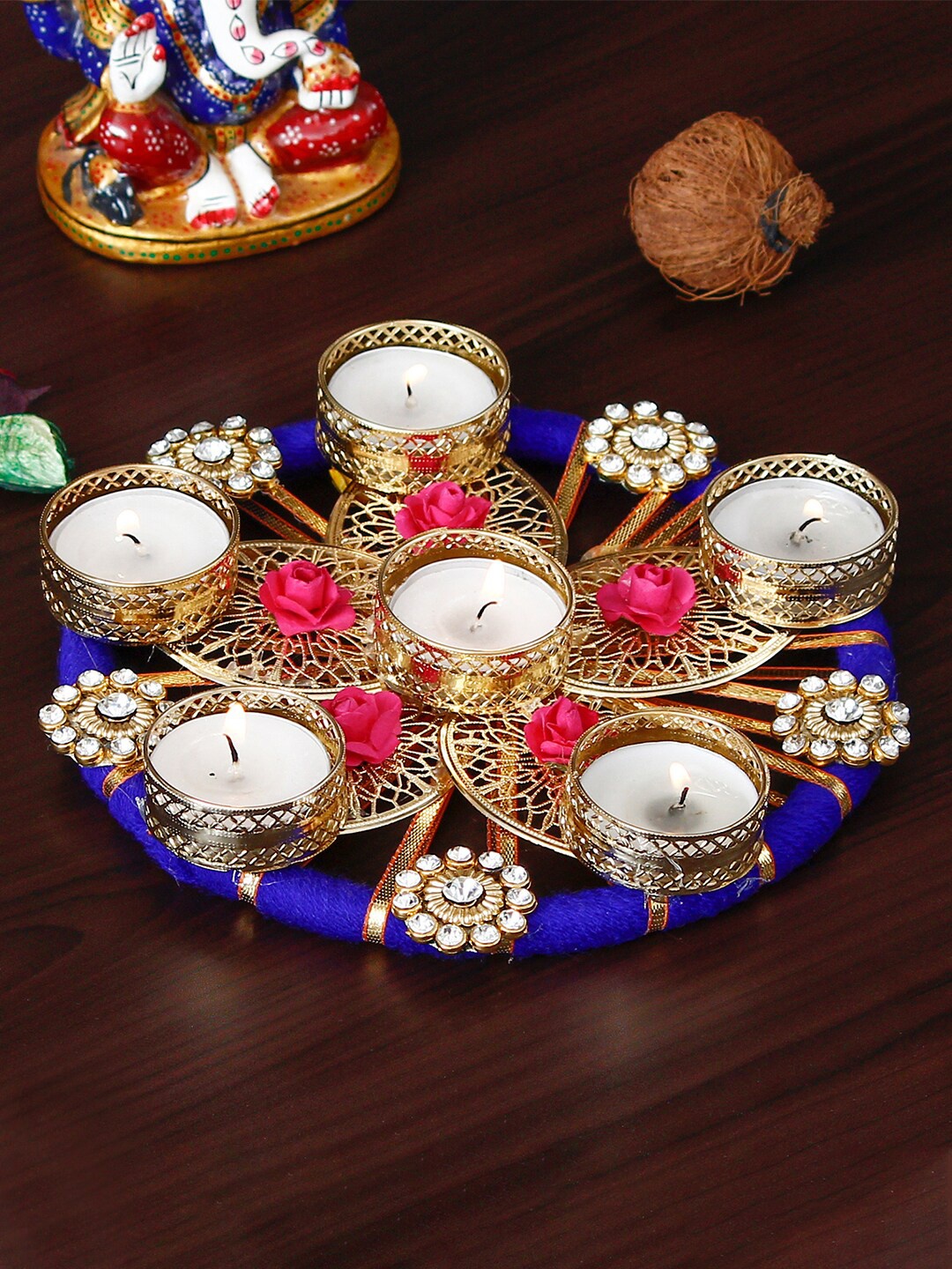 

eCraftIndia Multicoloured GottaPatti Floral Decorative Tea Light Holder for 7 Tealights, Multi