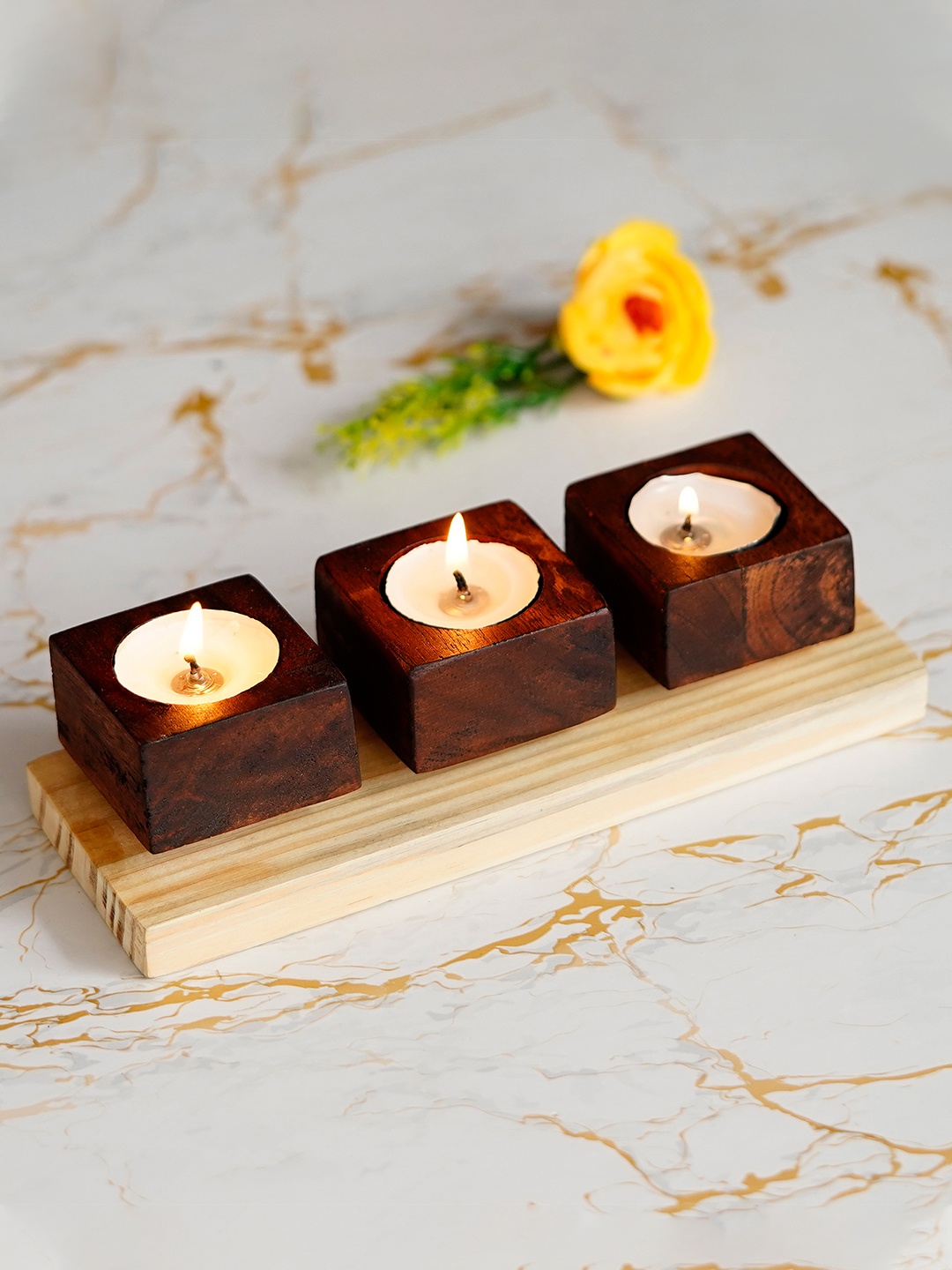 

eCraftIndia Brown Set of 3 Wooden Tea Light Candle Stand