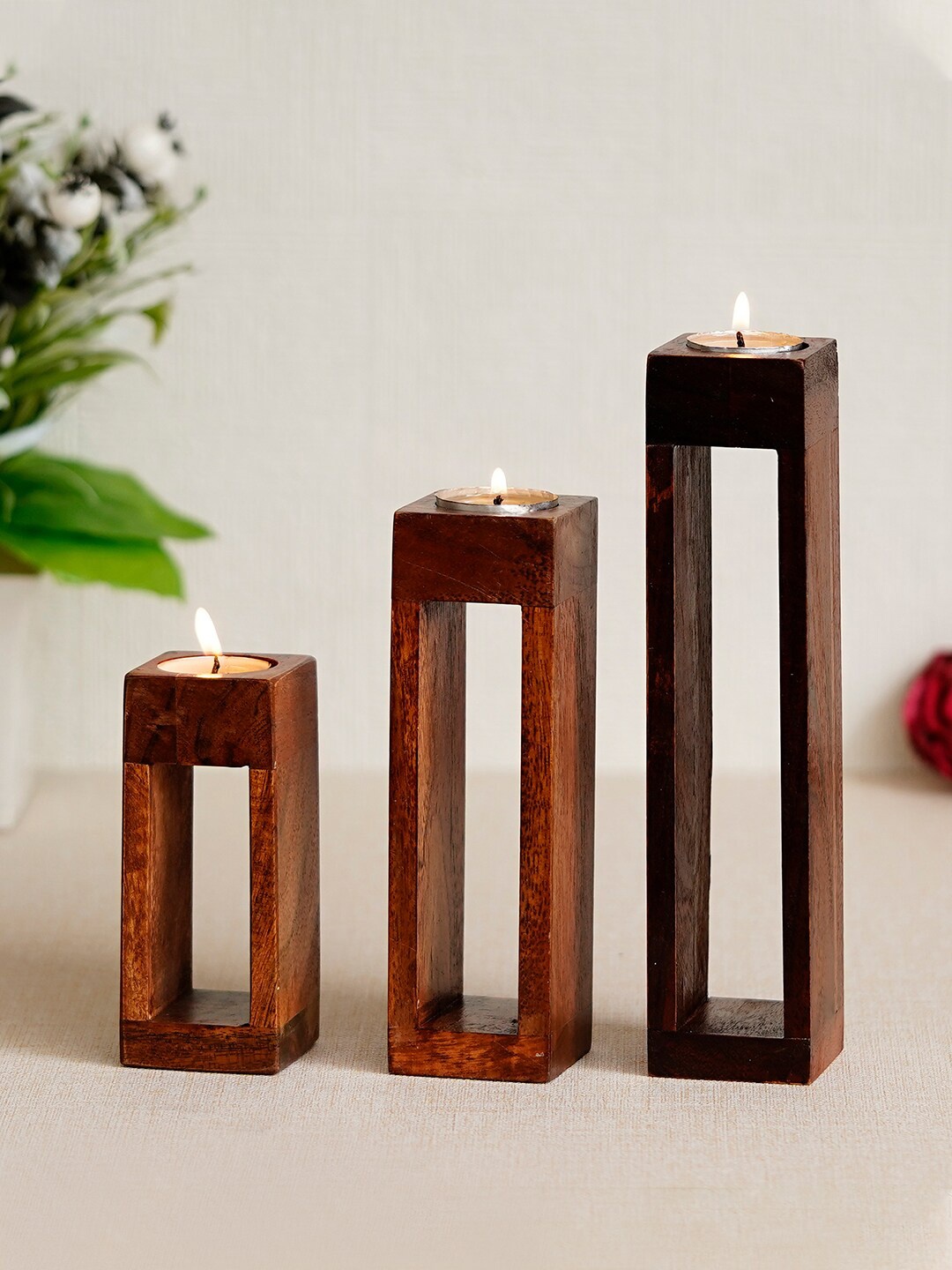 

eCraftIndia Set Of 3 Brown Solid Wooden Pillar Handcrafted Candle Holder