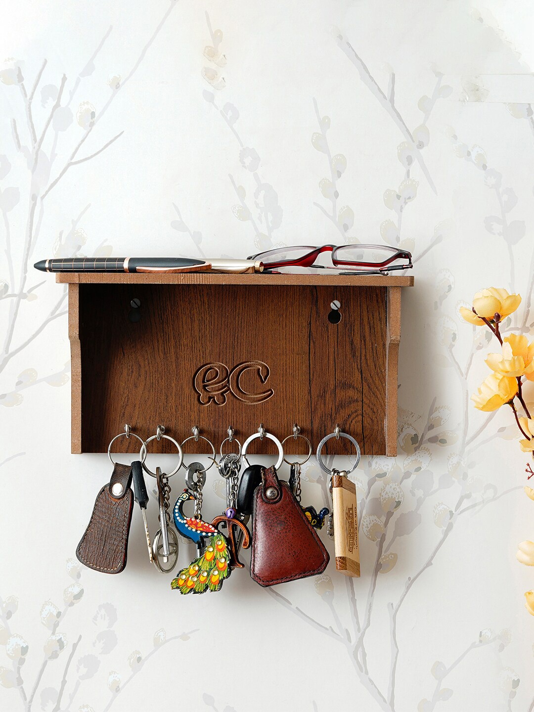 

eCraftIndia Brown Handcrafted Wooden Key Holder With Shelf