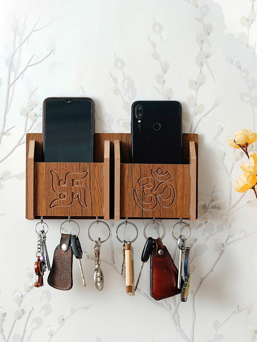 

eCraftIndia Brown Multiutility 6 Hooks Wooden Mobile Holder & Key Holder
