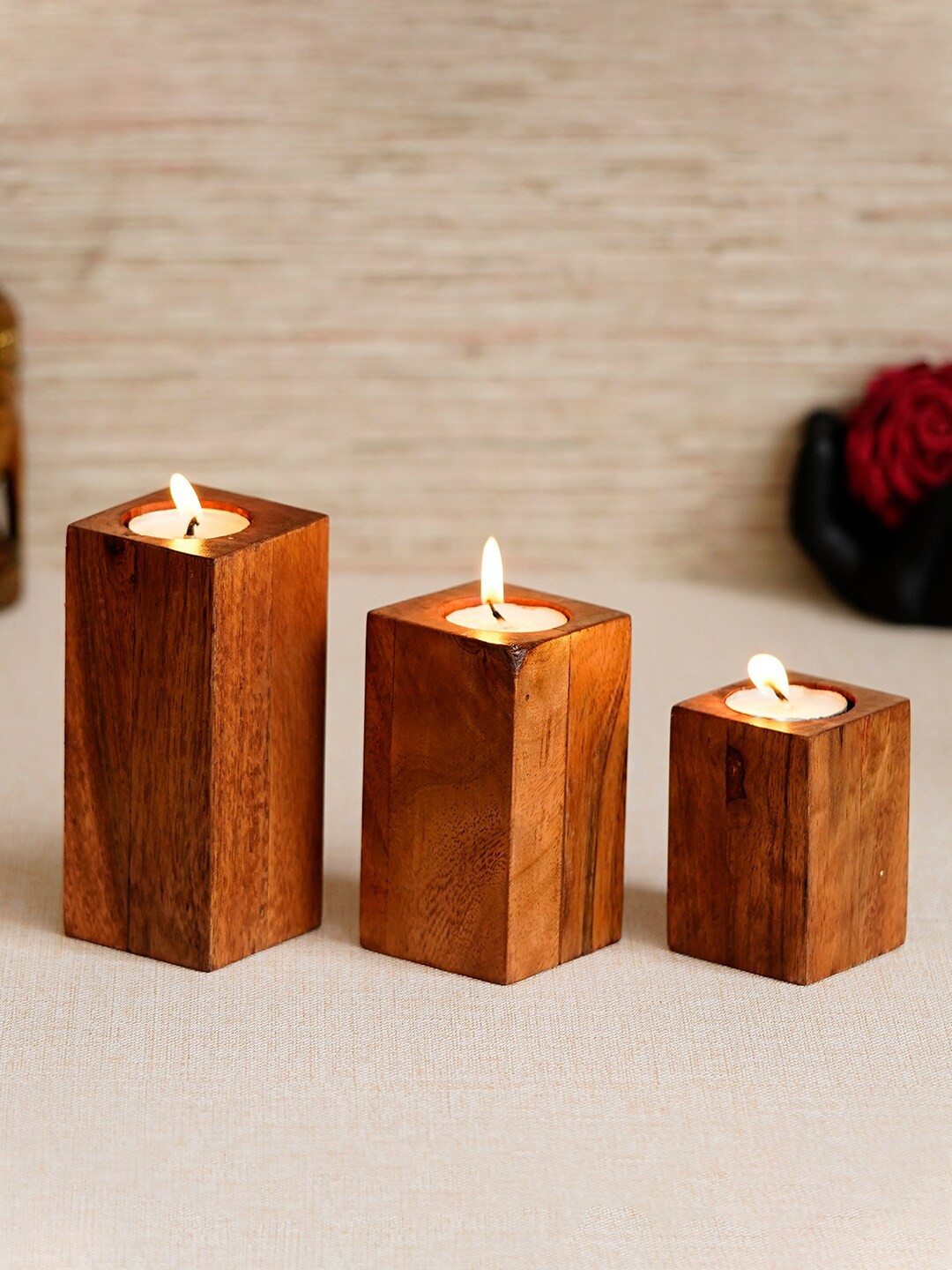 

eCraftIndia Set Of 3 Brown Solid Wooden Tea Light Candle Strands