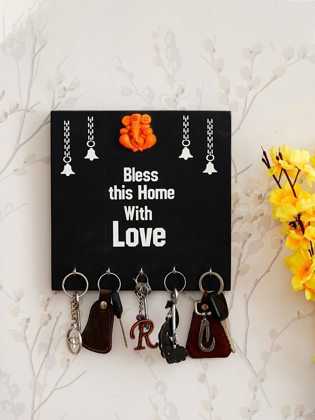 

eCraftIndia Black & White Printed Wooden Key Holder With 5 Hooks