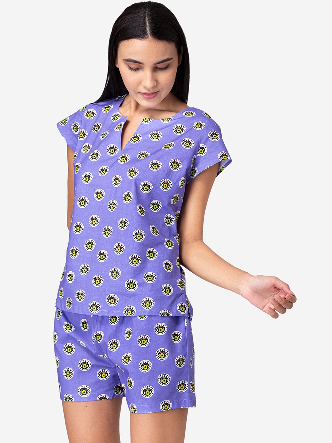 

Fluffalump Women Purple & Yellow Printed Pure Cotton Night suit