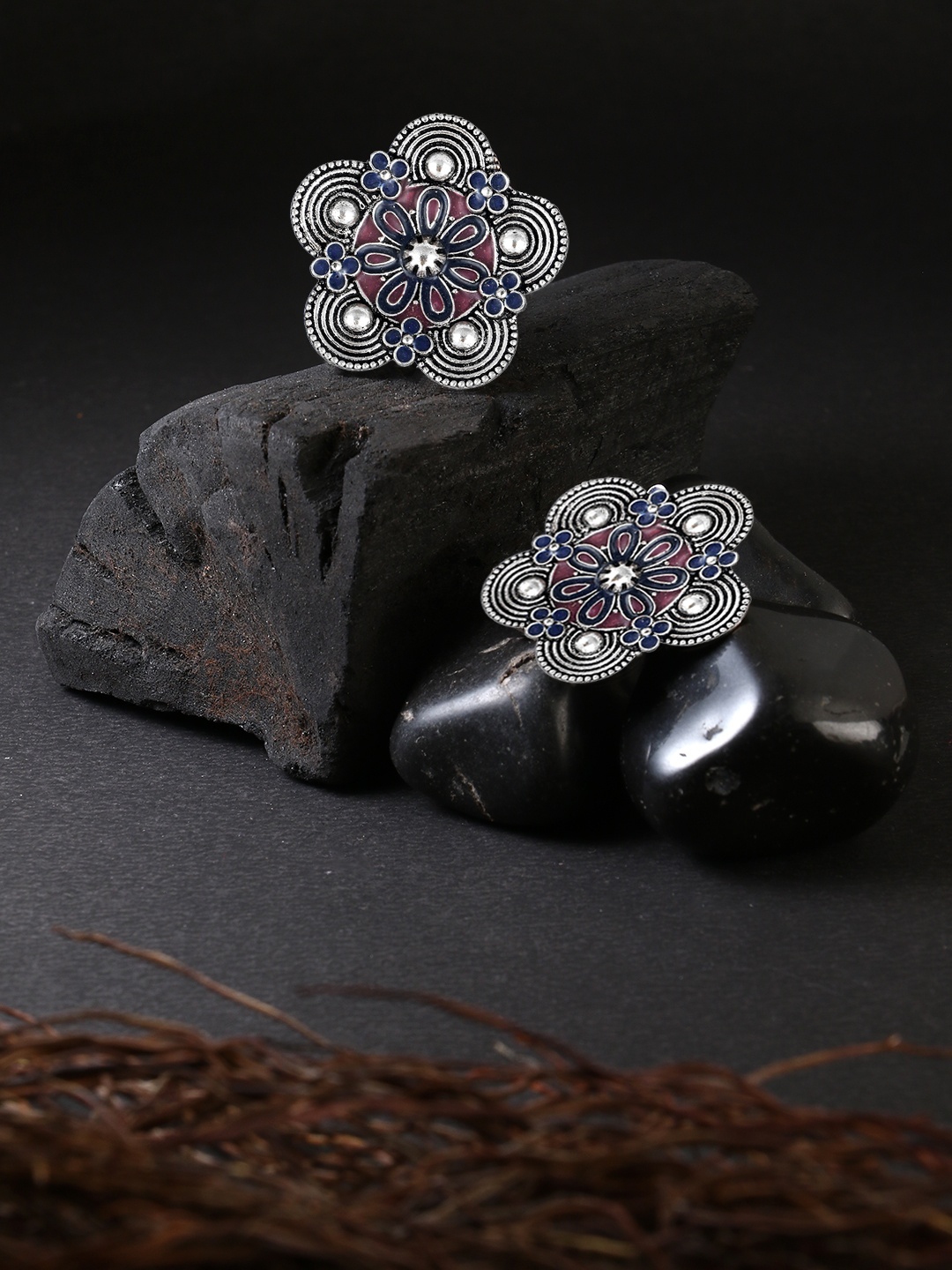 

Adwitiya Collection Silver-Plated & Pink Floral Drop Earrings