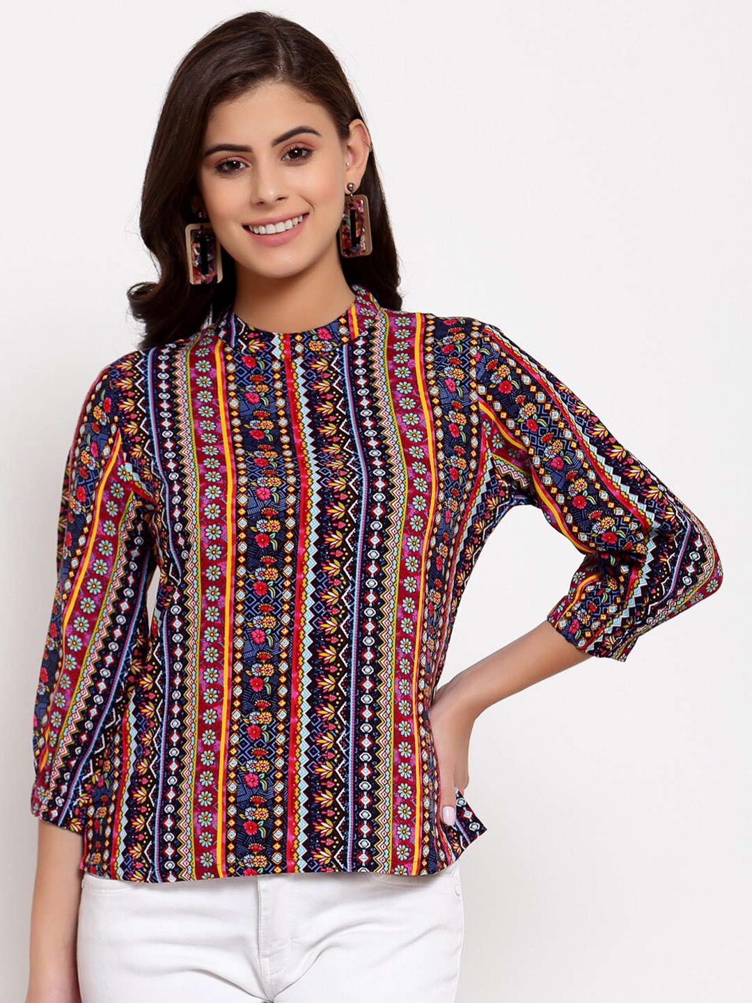 

Style Quotient Multicoloured Geometric Mandarin Collar Regular Top, Multi