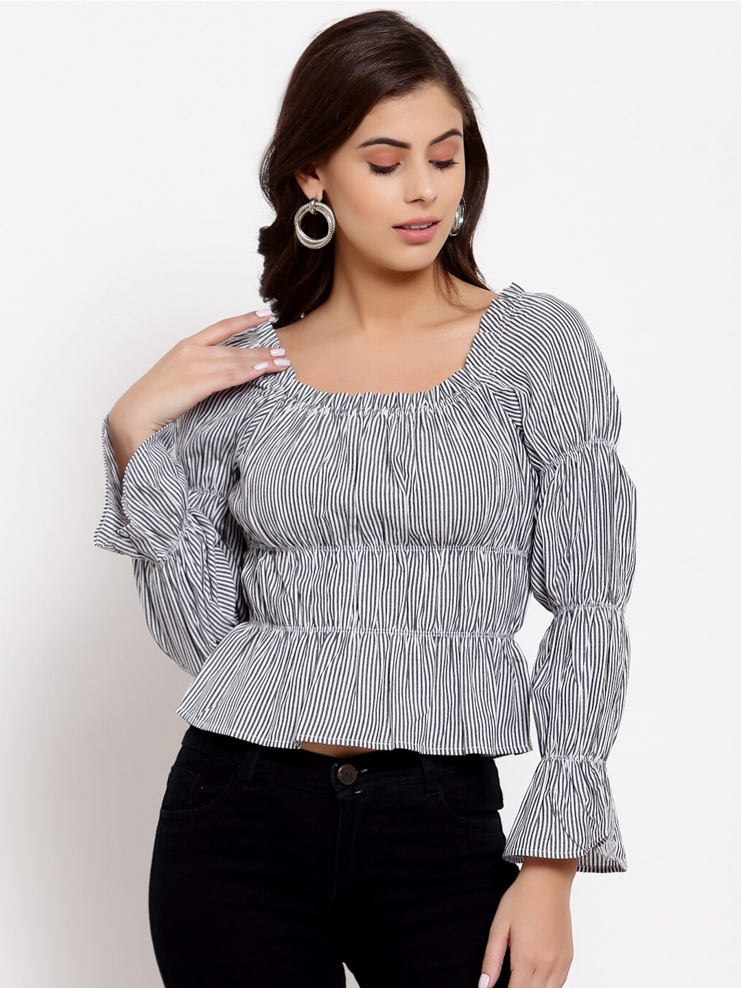 

Style Quotient Black Striped Cinched Waist Crop Top