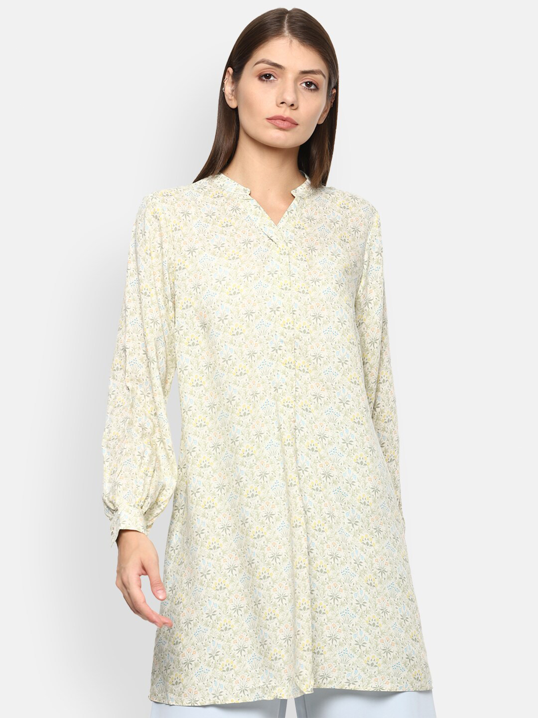 

Van Heusen Woman Yellow & Blue Modal Mandarin Collar Printed Tunic