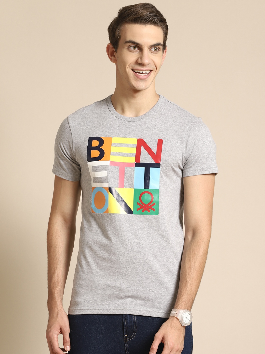 

United Colors of Benetton Men Grey Melange & Yellow Pure Cotton Brand Logo Printed T-shirt