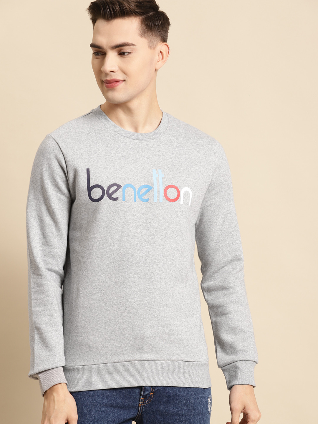 

United Colors of Benetton Men Grey Melange Printed Sweatshirt