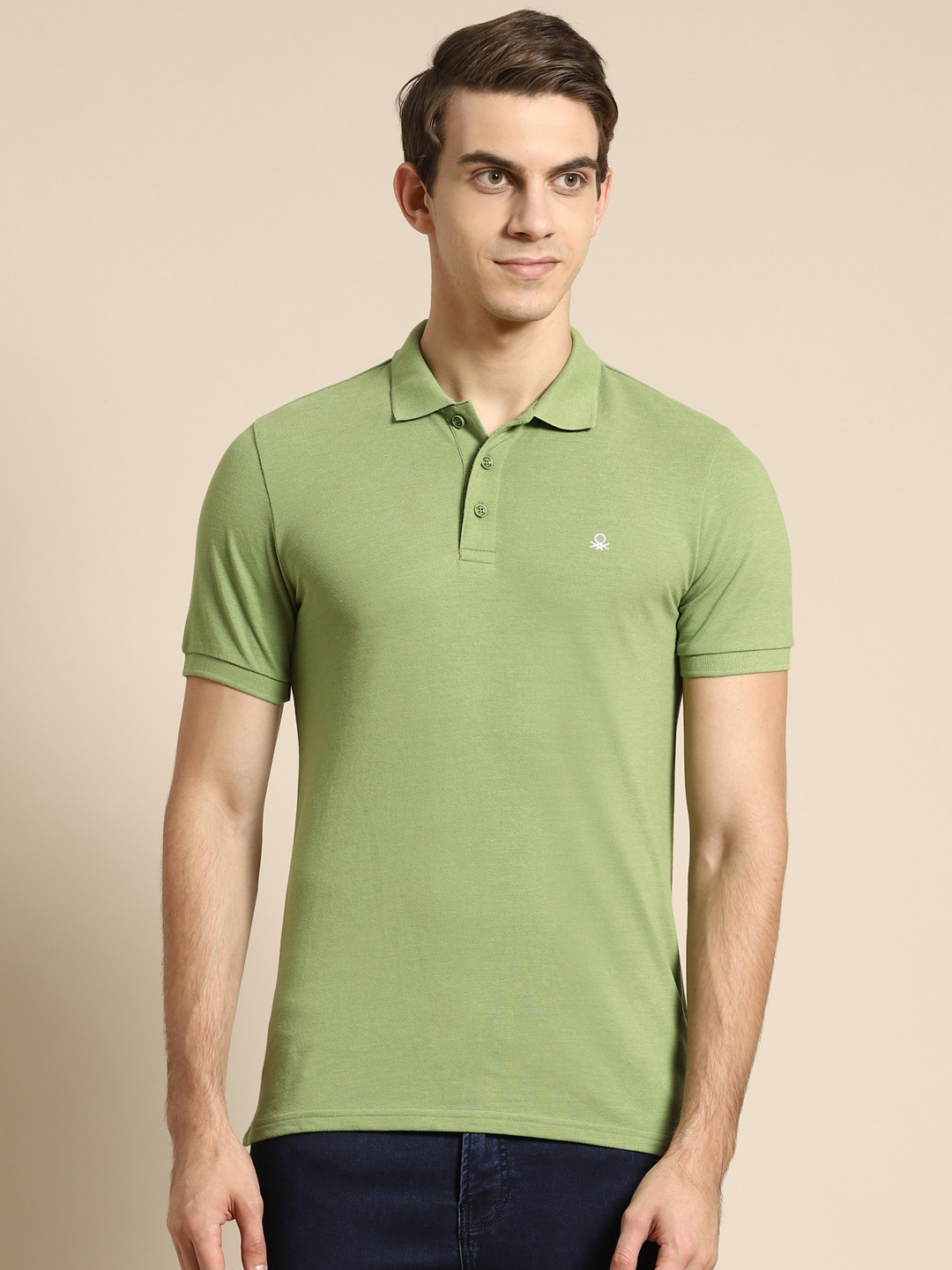 

United Colors of Benetton Men Green Polo Collar T-shirt
