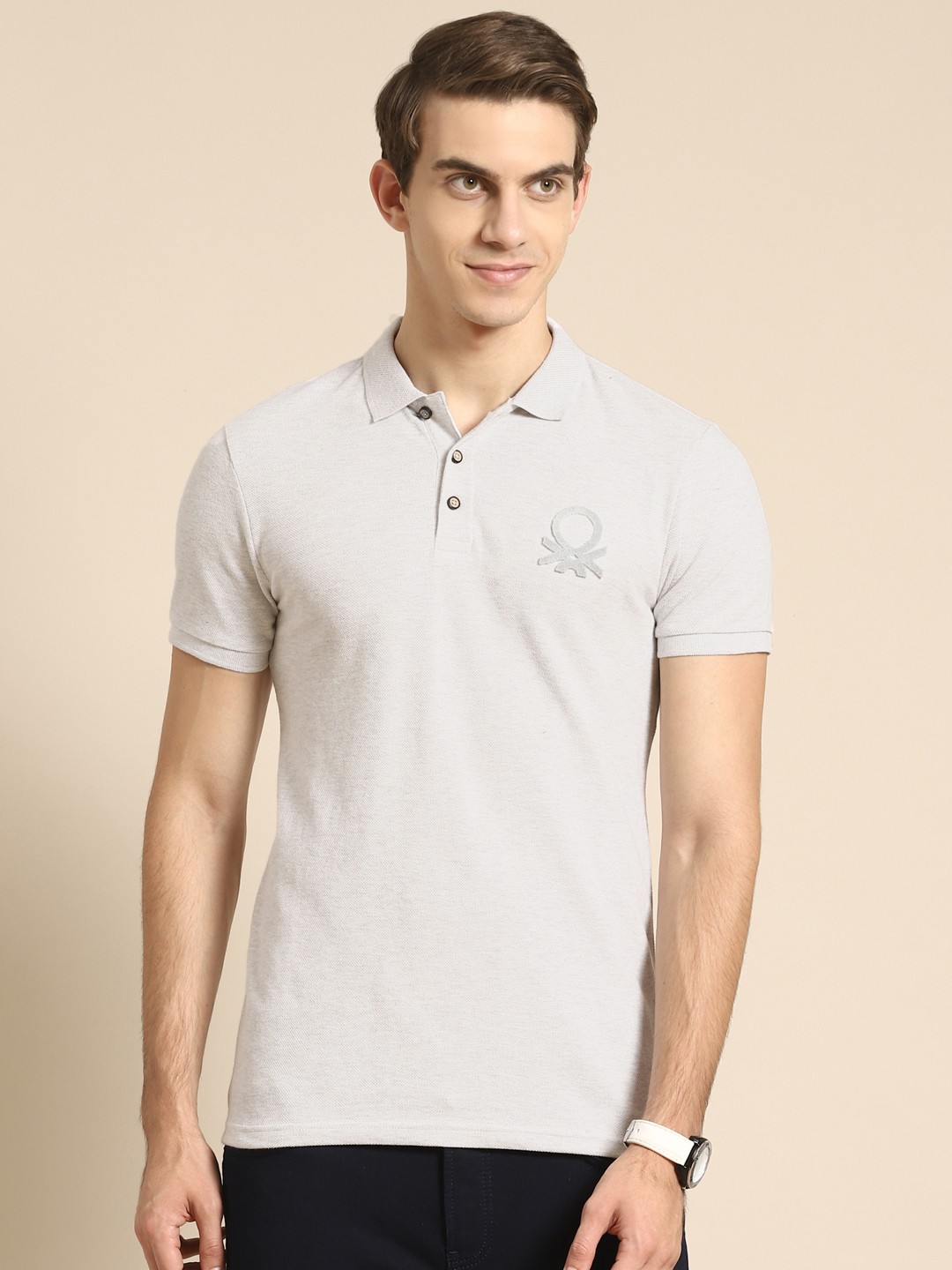 

United Colors of Benetton Men Grey Polo Collar Applique T-shirt