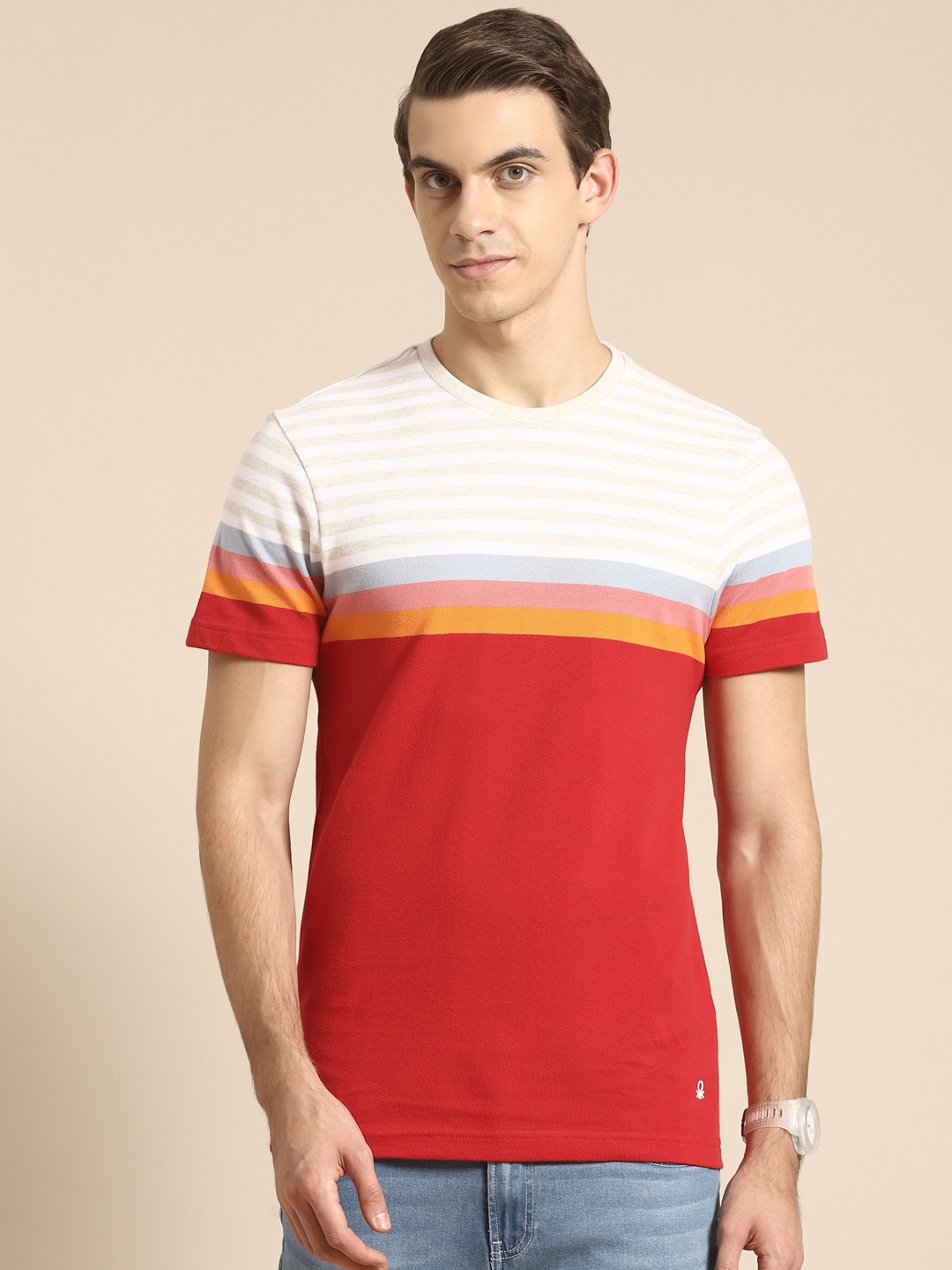 

United Colors of Benetton Men Red & White Pure Cotton Striped T-shirt