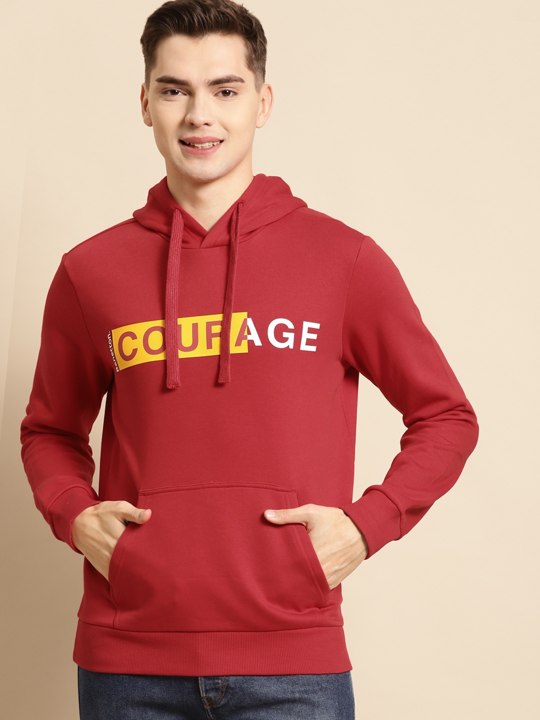 

United Colors of Benetton Men Red Printed Hooded Sweatshirt